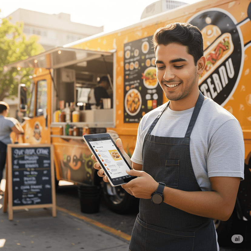 Food truck worker holding phone with digital menu